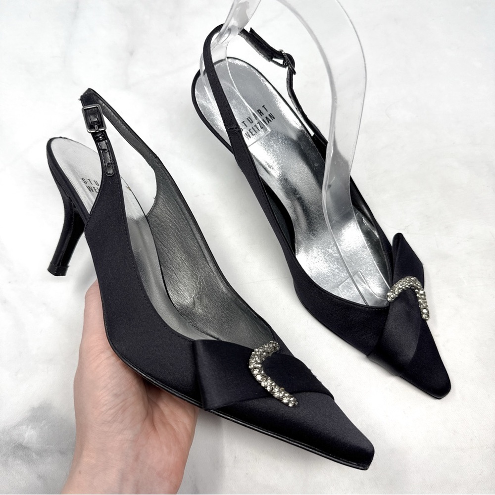 Stuart Weitzman Vintage Y2K Silk Satin Slingback Pointed Toe Pump Heel Black 6.5